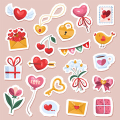 Collection of icons or stickers for Valentines day. Vector clip arts. Love and romance symbols set. Decorative elements of jewelry, lock and key, balloon, bouquet, envelope with hearts, gift box.