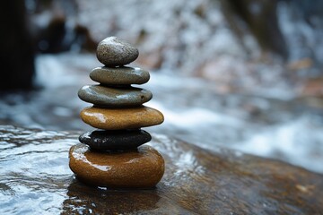 Stack of smooth wet pebbles balanced on a river stone creates a serene scene of stability and mindfulness against a blurred background of flowing water