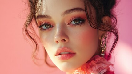 Fototapeta premium Beautiful Young Woman with Makeup Looking at Camera on Pink Background