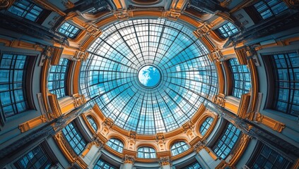 Circular glass ceiling of a grand building with intricate architectural details, showcasing blue sky.