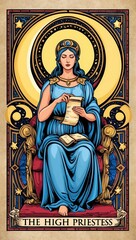 Fototapeta premium Elegant high priestess seated on an ornate throne, wearing a flowing blue gown and holding a scroll. She is surrounded by celestial designs and symbols