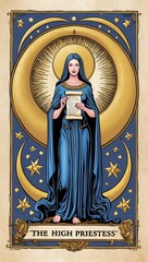 A mystical High Priestess in a blue robe holds a scroll, surrounded by golden celestial elements such as stars and a crescent moon
