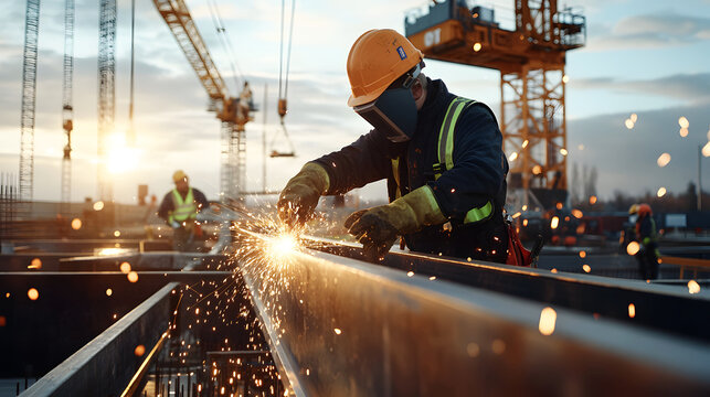 A Glimpse into the World of Construction: Steelworkers Crafting Structures Against a Stunning Sunset Backdrop