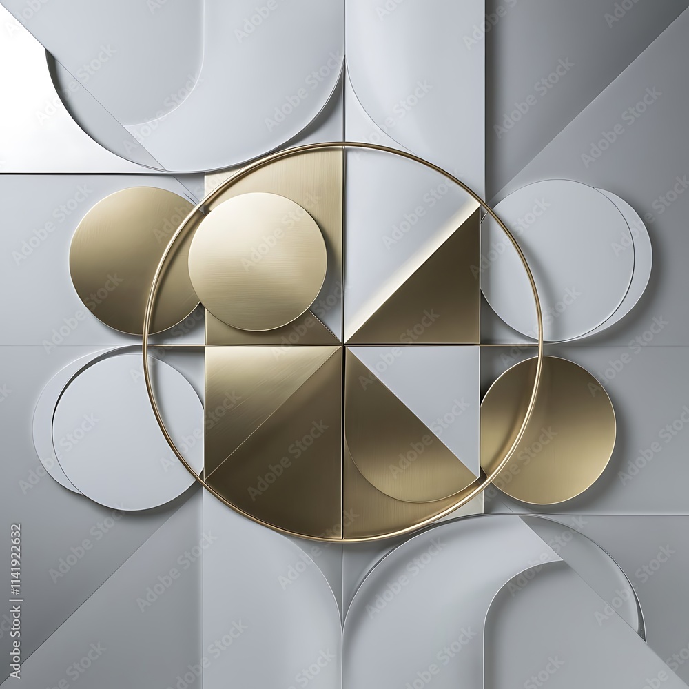Poster minimalistic geometric backdrop showcasing metallic circles and squares embodying understated elegan