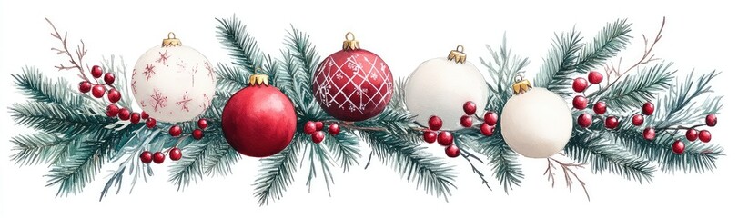 Festive Christmas Garland with Red and White Ornaments, Pine Branches, and Berries