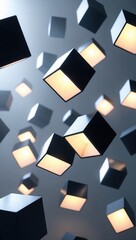 Floating illuminated cubes in a dark setting create a mesmerizing visual atmosphere, highlighting modern design and abstract concepts.