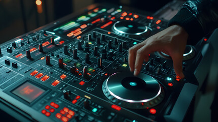 Obraz premium Elevate Your Beats: A DJ Engages the Crowd with a Dynamic Live Set on Sophisticated Turntables and Mixing Equipment