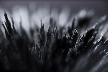 Reaction of iron dust to a magnetic field. Iron filings spikes. Neodymium magnet. Isolated on a...