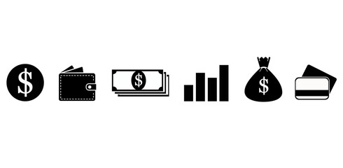 A vector image of six financial icons in a row: a dollar sign in a circle, a wallet, a stack of dollar bills with a dollar sign on top, a bar chart with increasing heights, a money bag with a dollar s