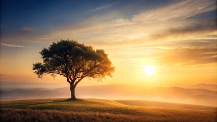 Fototapeta premium Serene Sunset Landscape Solitary Tree on Rolling Hills