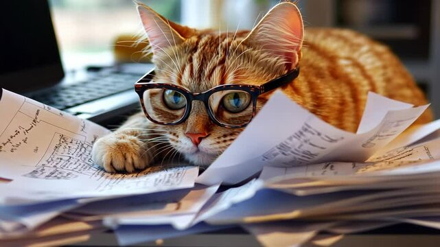 Adorable ginger cat peacefully sleeping on important papers and wearing glasses, symbolizing relaxation after a productive day funny meme style
