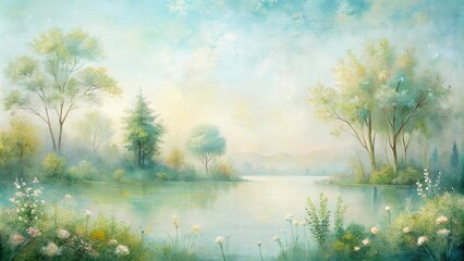 Fototapeta premium Serene Lakeside Vista Tranquil Springtime Landscape with Lush Greenery and Calm Waters