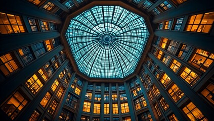 Octagonal glass cupola interior with illuminated windows at night.