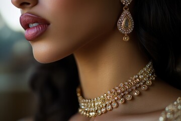 Elegant woman wearing intricate gold necklace and earrings with sparkling diamonds in a close-up portrait