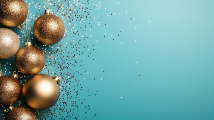 Golden Christmas ornaments with glitter on a blue background.
