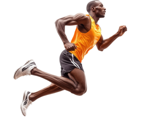 Athlete running and jumping in sporty attire.