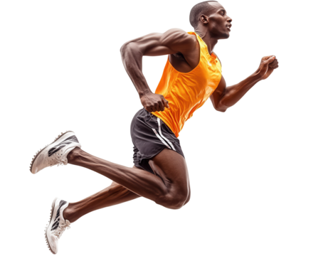Athlete running and jumping in sporty attire.