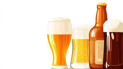 Refreshing assortment of cold beer in various glassware featuring golden lager, amber ale, and dark stout on a white background for beverage lovers and enthusiasts