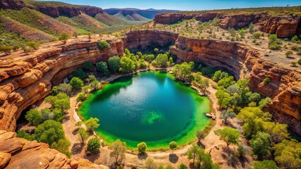 A Serene Oasis Lush vegetation surrounds a vibrant, emerald green lake nestled within a breathtaking canyon's embrace.