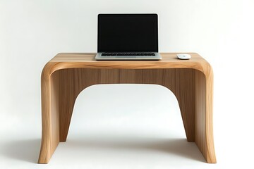 Minimalist wooden desk with a laptop on white background