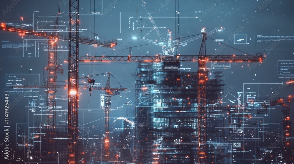 Aufkleber Multiple illuminated cranes construct a night cityscape with overlay graphics.