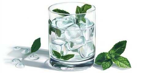 Transparent glass of ice water with mint leaves 
