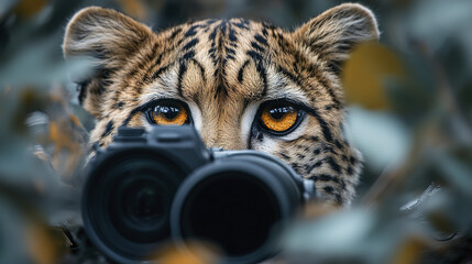 tiger peers through foliage, focused on camera lens, showcasing wildlife