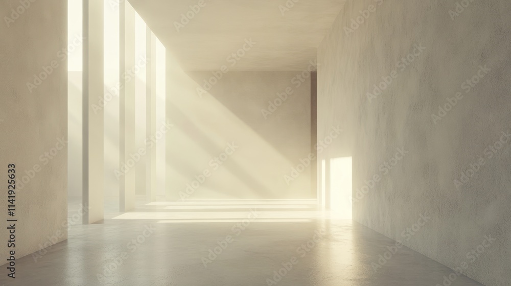 Poster sunlit corridor with columns and light rays.