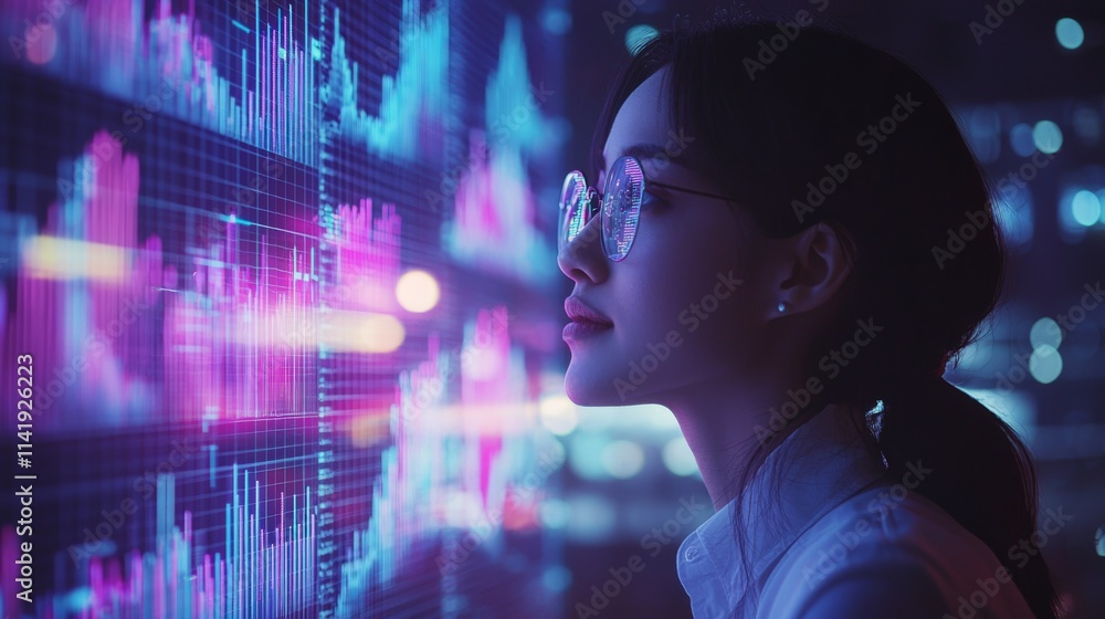 Poster a woman is looking at a computer screen with a lot of numbers and graphs