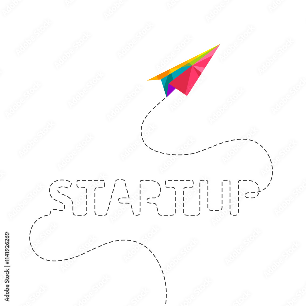 Poster startup and development concept with colorful paper airplane. business or project start with plane a
