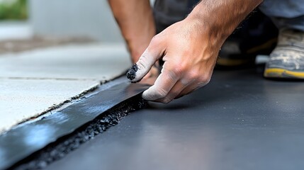 Home insulation is being expertly applied as a worker meticulously spreads a thick black material, showcasing dedication to quality and warmth.