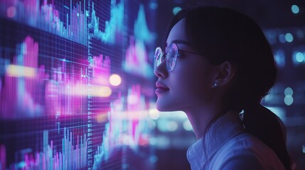 A woman is looking at a computer screen with a lot of numbers and graphs