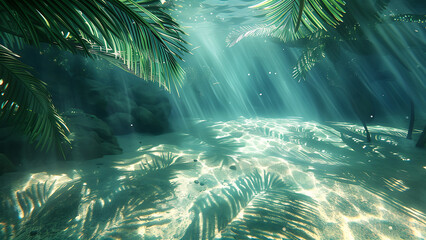 Obraz premium Underwater sunlight streaming through tropical water