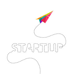 Startup and development concept with colorful paper airplane. Business or project start with plane and dotted line trail as entrepreneurship and process symbol. Flight route making up letters, word.