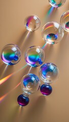 Colorful transparent glass spheres casting vibrant reflections on warm background, showcasing unique shapes and interplay of light.