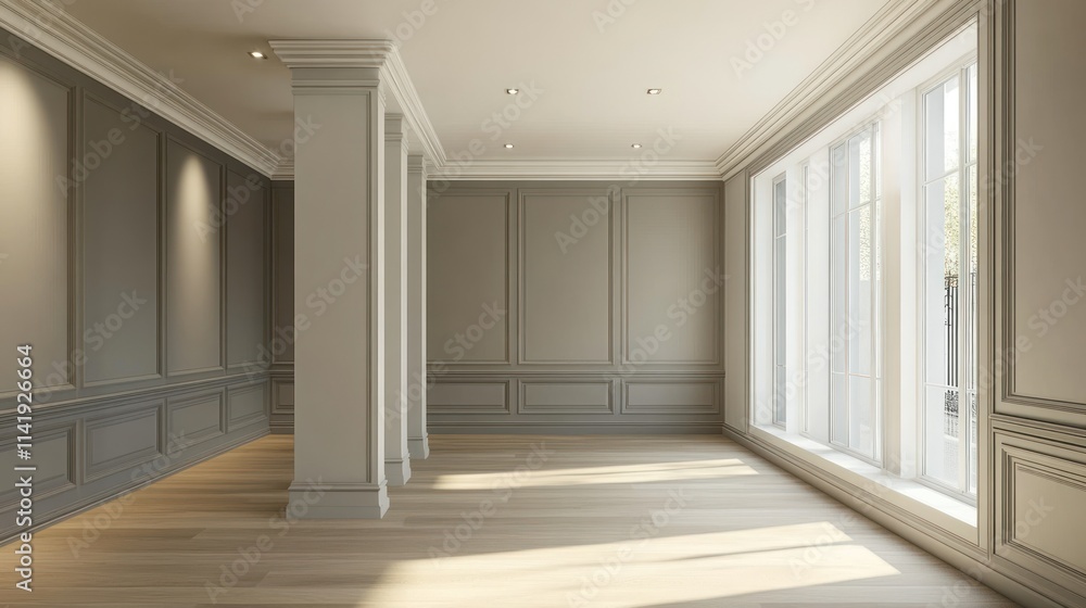 Poster Empty room with tall columns and large windows.