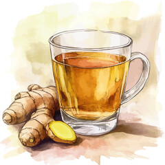 Watercolor ginger tea in a glass on white background vector illustration art.
