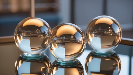 Transparent glass orbs reflecting light on a polished surface, creating a modern and minimalist aesthetic in a well-lit interior setting.