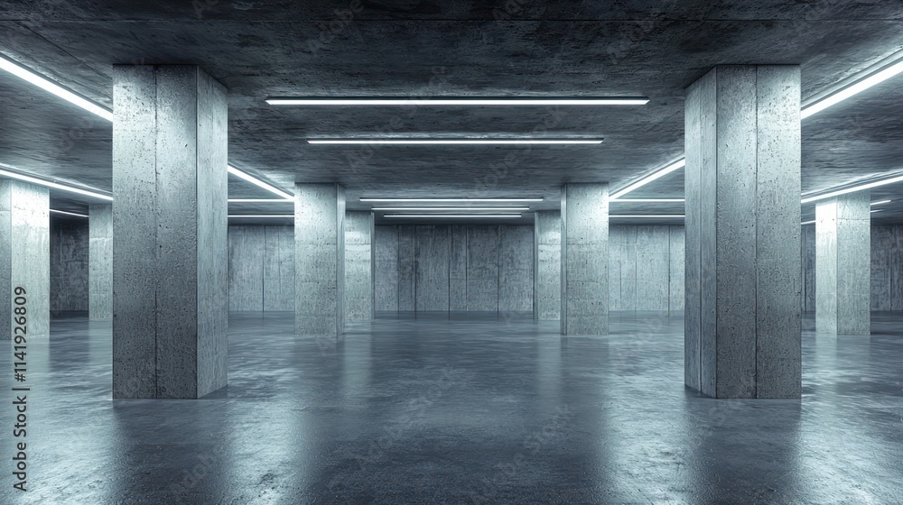 Poster concrete columns in underground space with lights.