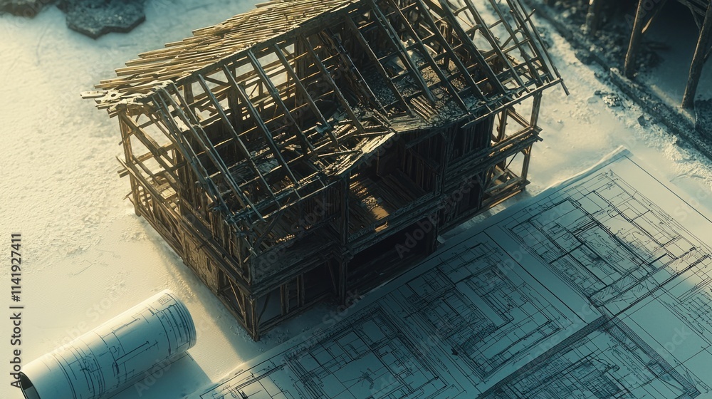 Aufkleber Model of a house framework and blueprints.