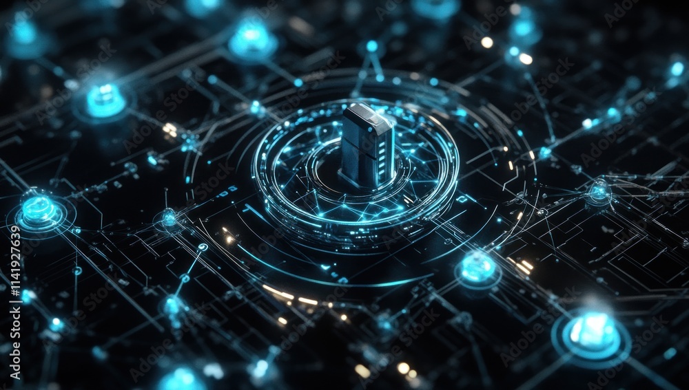 Poster abstract, glowing network with a server in the center.