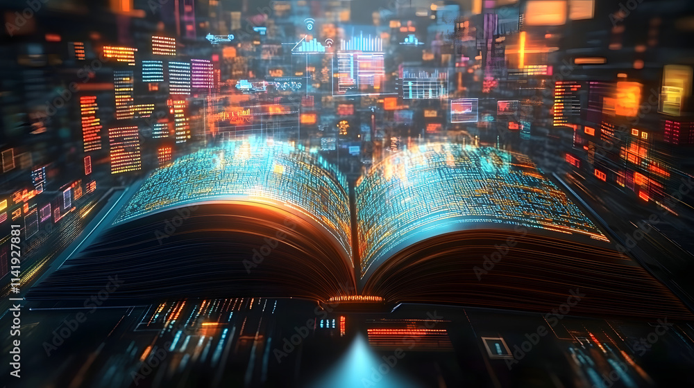 Poster an open book displaying data charts and graphs symbolizing the fusion of scientific research, academ