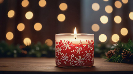 A frosted white pillar candle with a burgundy embossed design glows gently, surrounded by red Christmas ornaments on a warm wood surface. The bokeh background of golden lights enhances the festive.