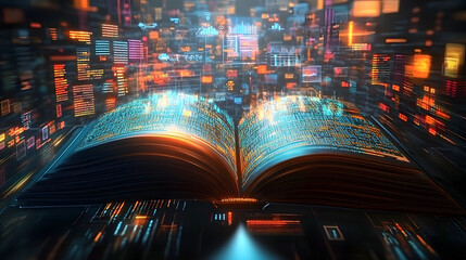 An open book displaying data charts and graphs symbolizing the fusion of scientific research, academic publications, and computational analysis in a 3D digital model