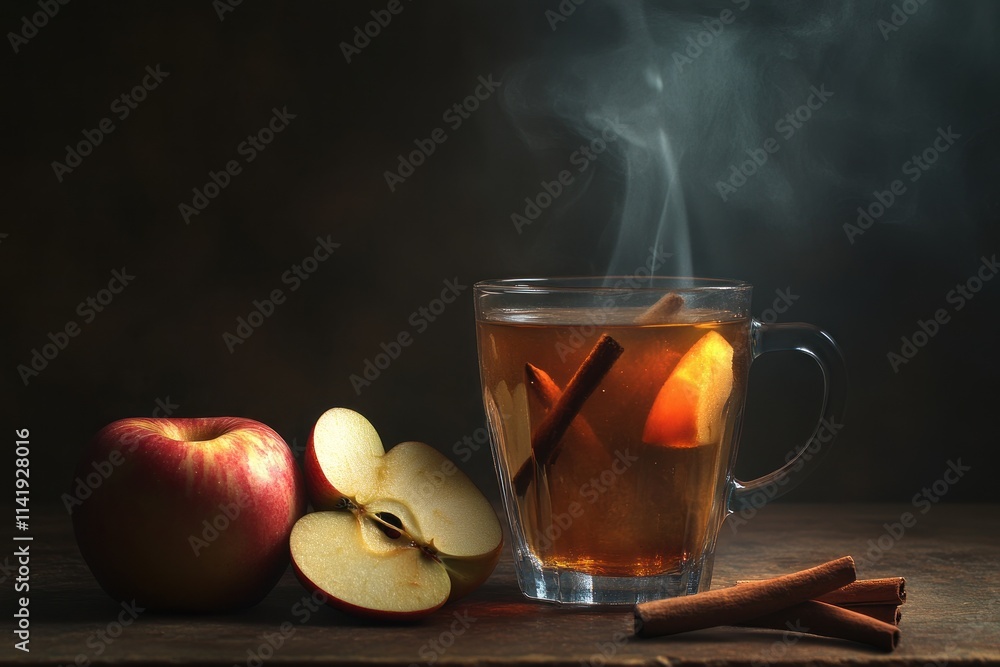 Poster Steaming cider with apple slices, cinnamon sticks.
