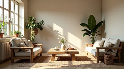 Fototapeta premium Serene living room arrangement with natural light illuminating minimalist wooden furniture and potted plants