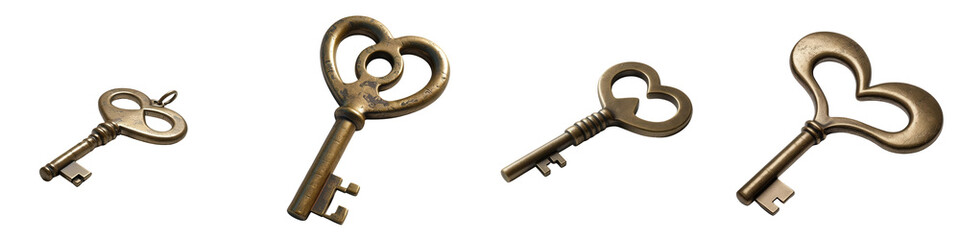 Vintage keys with heart-shaped designs on a dark background.