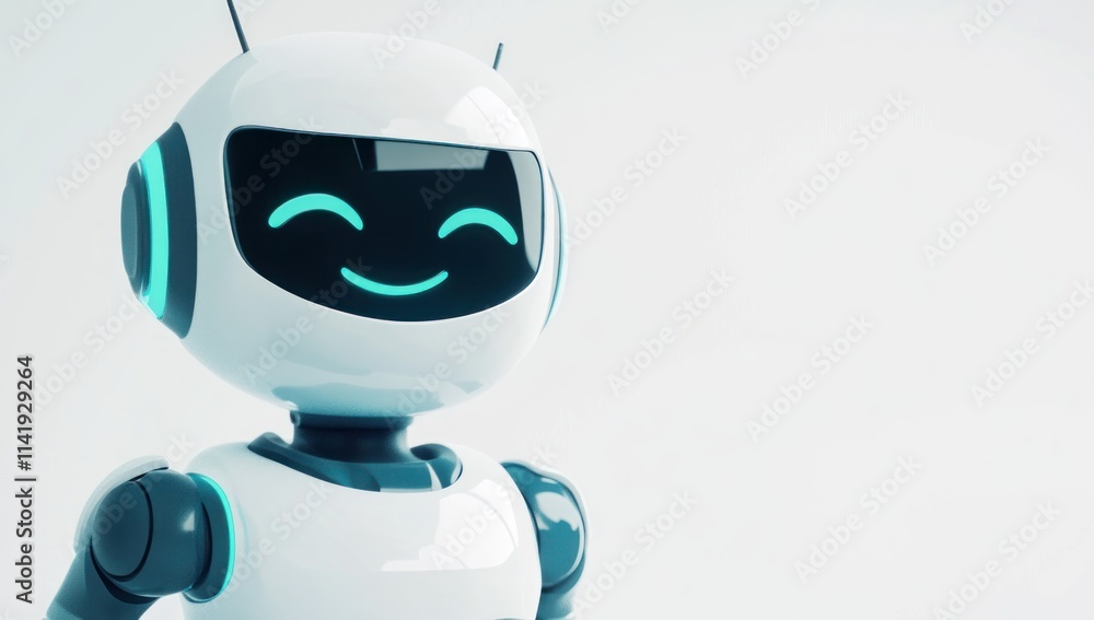 Aufkleber smiling white robot with glowing eyes on white.