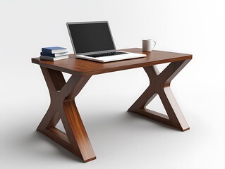 Wooden desk with a laptop, books, and coffee cup 