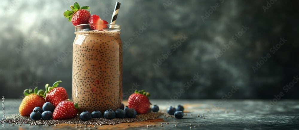 Poster chocolate smoothie with strawberries and blueberries on rustic surface.